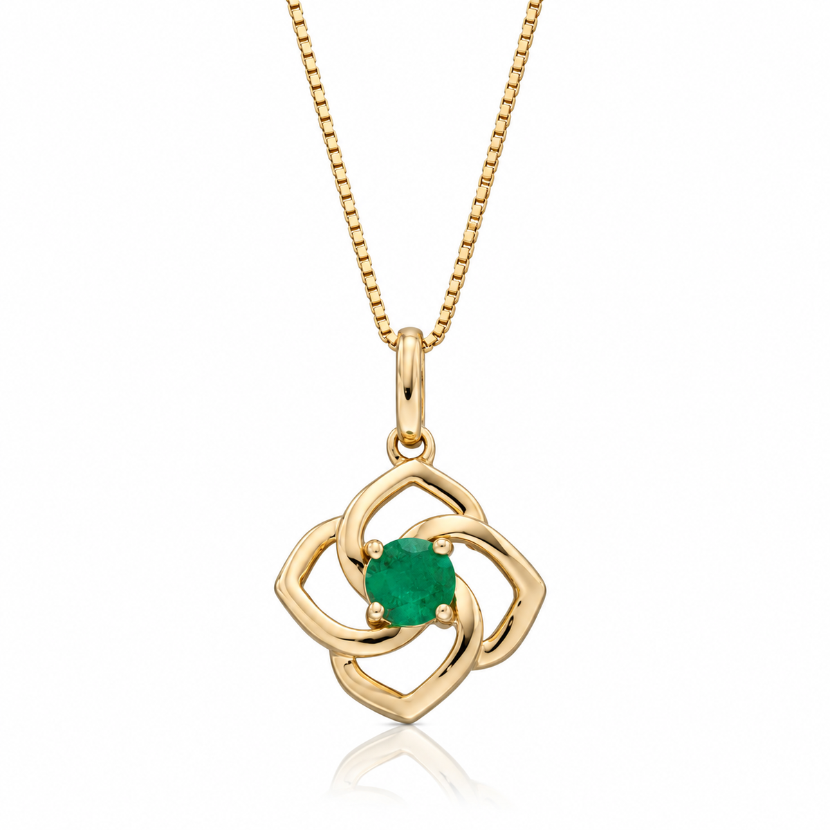 9ct yellow gold cut-out flower pendant with round natural emerald on Venetian box chain