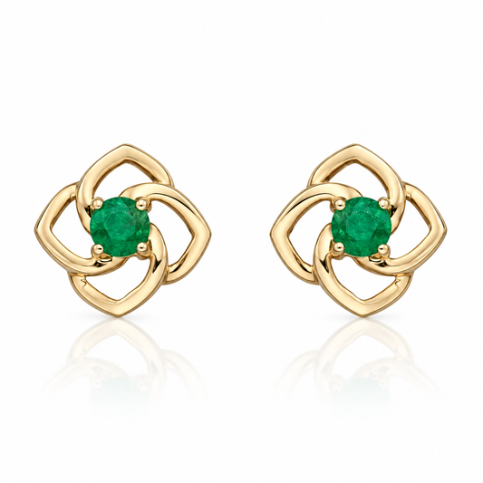 9ct yellow gold cut-out flower stud earrings with round natural emeralds