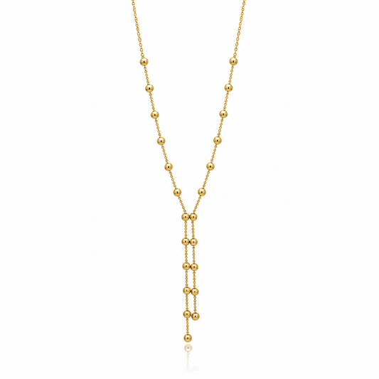 9ct yellow gold beaded Y-drop necklace with polished ball detail