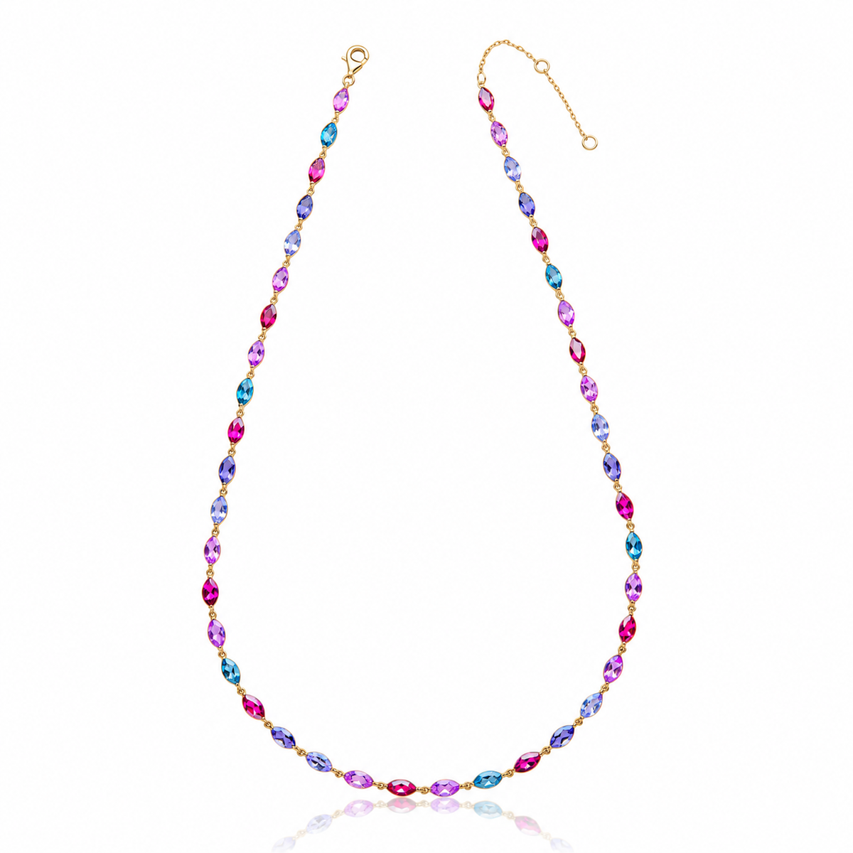 9ct yellow gold rainbow multi-gemstone necklace with marquise-cut coloured gemstones