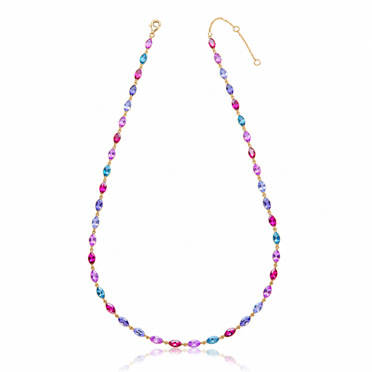 9ct yellow gold rainbow multi-gemstone necklace with marquise-cut coloured gemstones