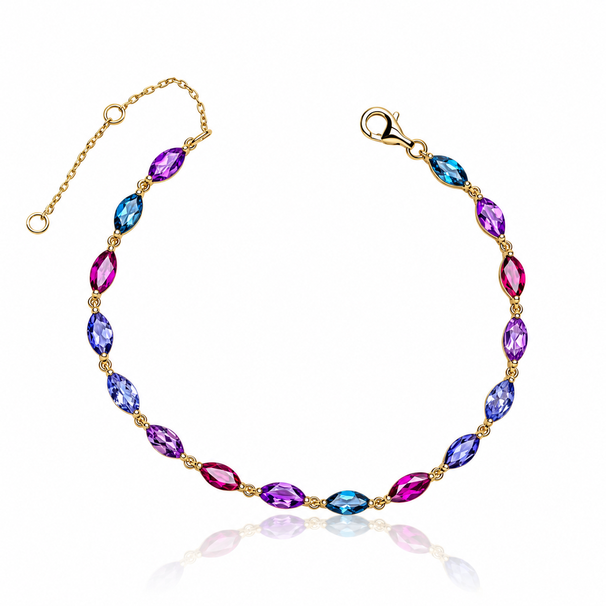9ct yellow gold rainbow multi-gemstone bracelet with navette-cut coloured gemstones