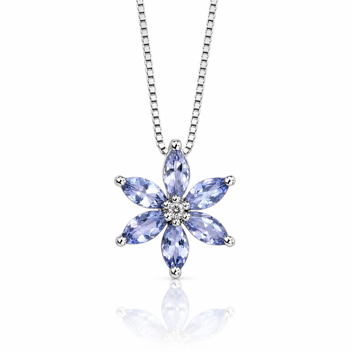 9ct white gold tanzanite flower pendant with diamond centre on Venetian box chain