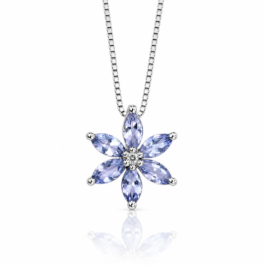 9ct white gold tanzanite flower pendant with diamond centre on Venetian box chain