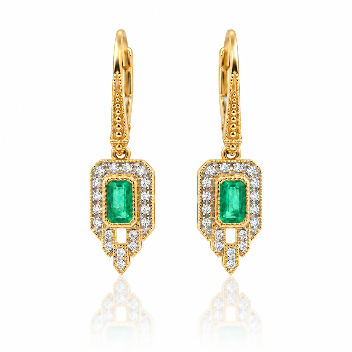 18ct gold emerald and diamond Art Deco inspired drop earrings