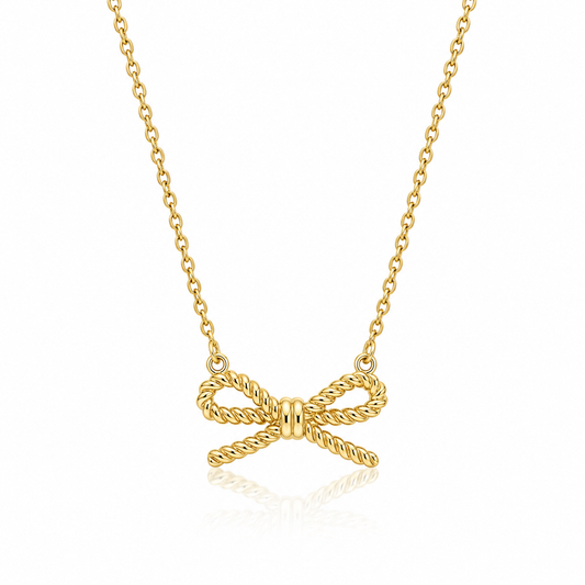9ct yellow gold rope twist bow necklace on 45 cm chain