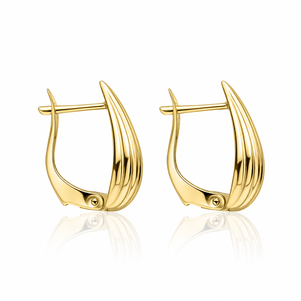 9ct yellow gold sculpted ridged teardrop hoop earrings side profile 