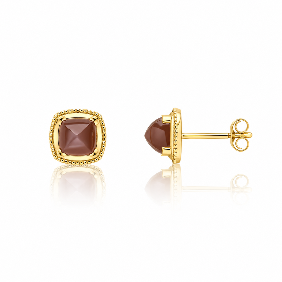 9ct yellow gold stud earrings with 6mm sugarloaf-cut chocolate moonstones and beaded surround