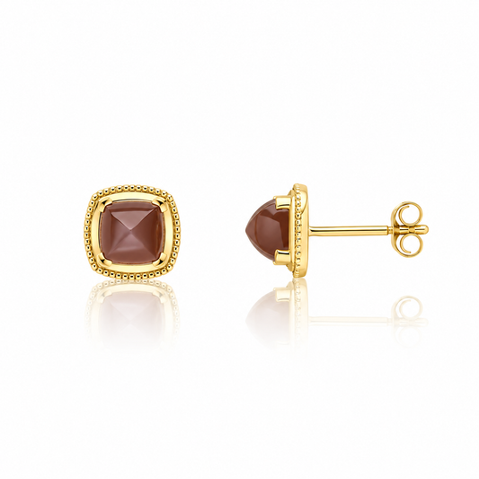 9ct yellow gold stud earrings with 6mm sugarloaf-cut chocolate moonstones and beaded surround