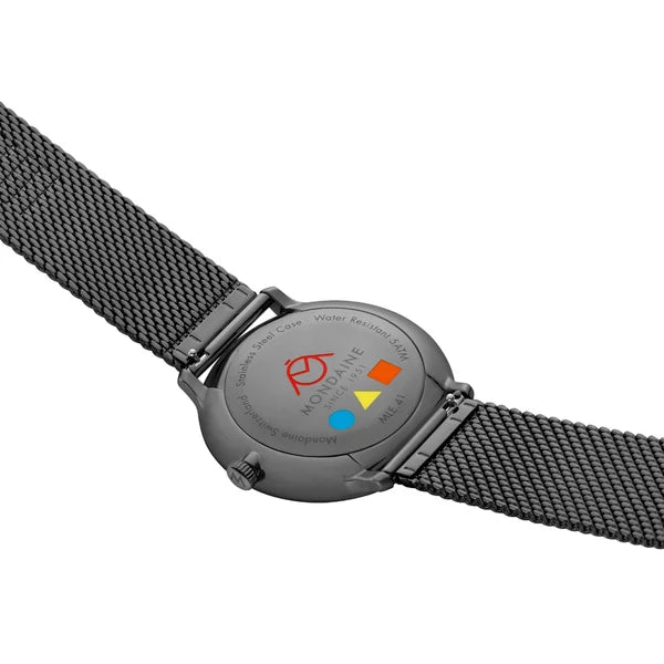 Mondaine Doppio 41mm black Swiss watch with colourful Bauhaus dial and Milanese mesh bracelet back case photograph