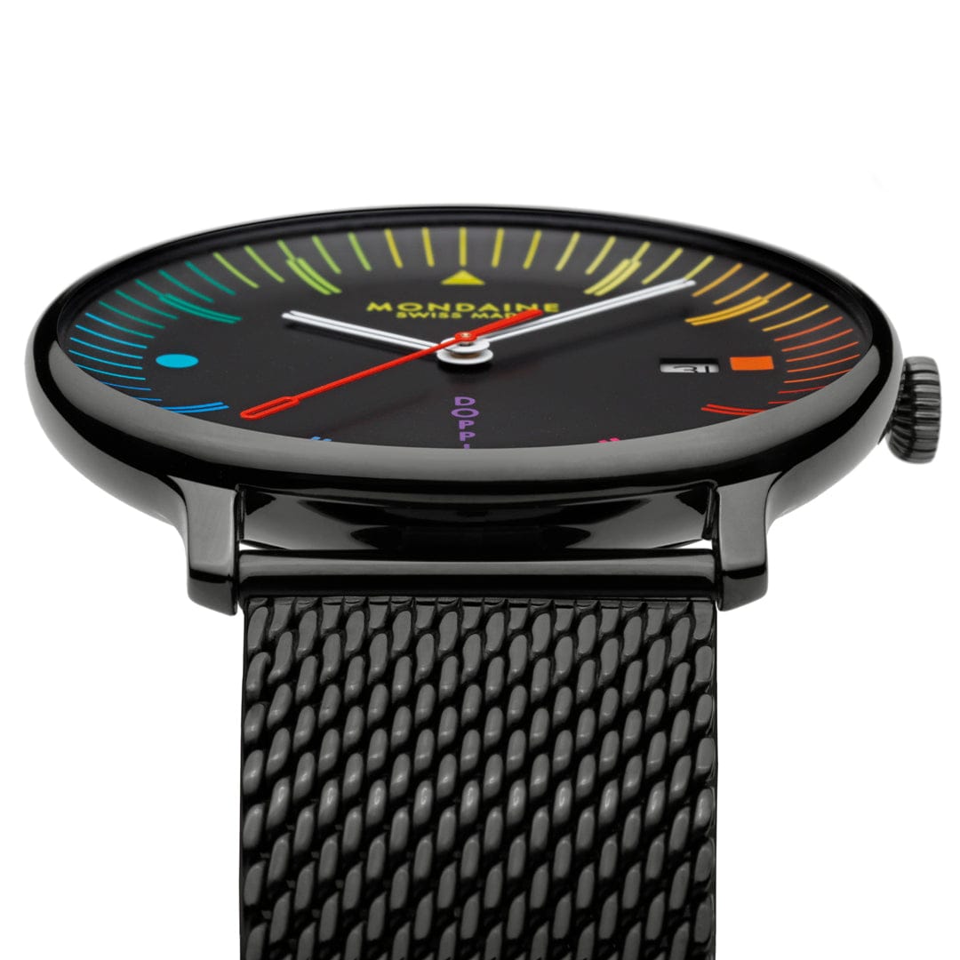 Mondaine Doppio 41mm black Swiss watch with colourful Bauhaus dial and Milanese mesh bracelet