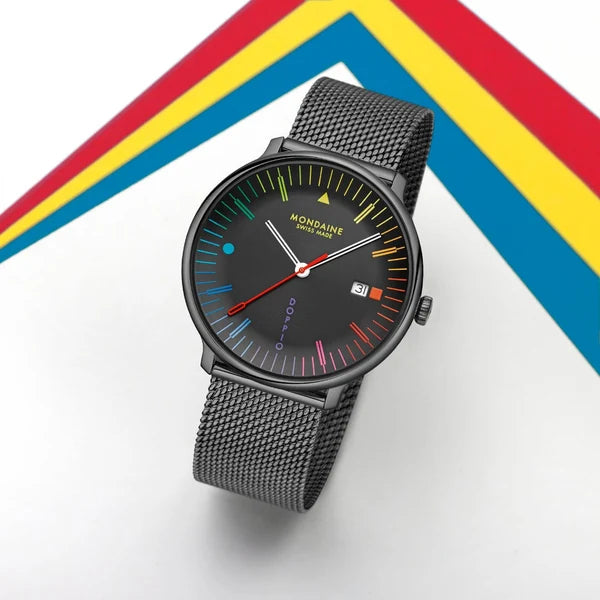 Mondaine Doppio 41mm black Swiss watch with colourful Bauhaus dial and Milanese mesh bracelet