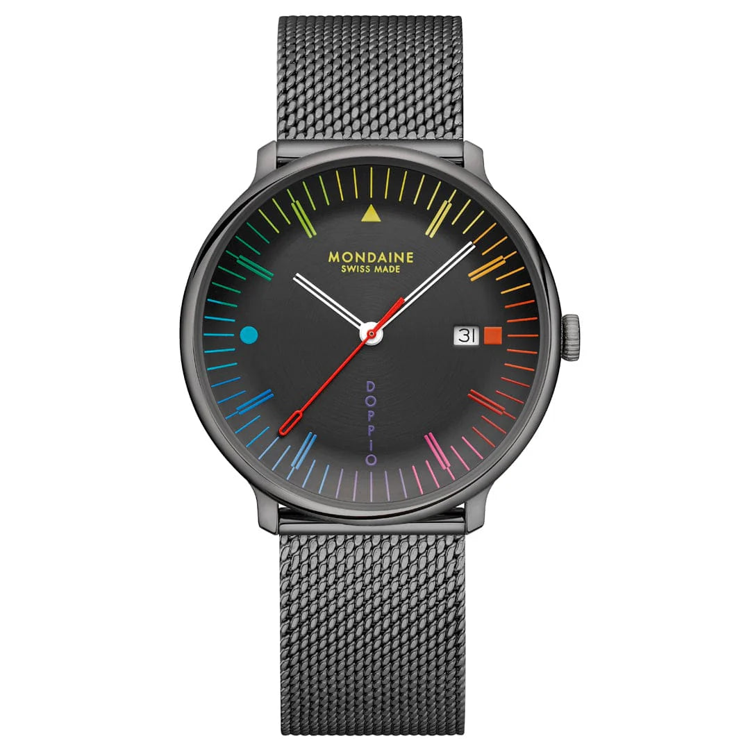 Mondaine Doppio 41mm black Swiss watch with colourful Bauhaus dial and Milanese mesh bracelet