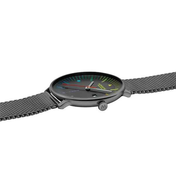 Mondaine Doppio 41mm black Swiss watch with colourful Bauhaus dial and Milanese mesh bracelet