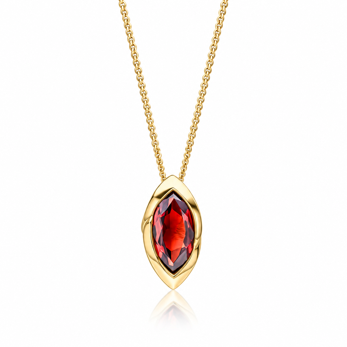 9ct yellow gold marquise garnet pendant with deep red gemstone