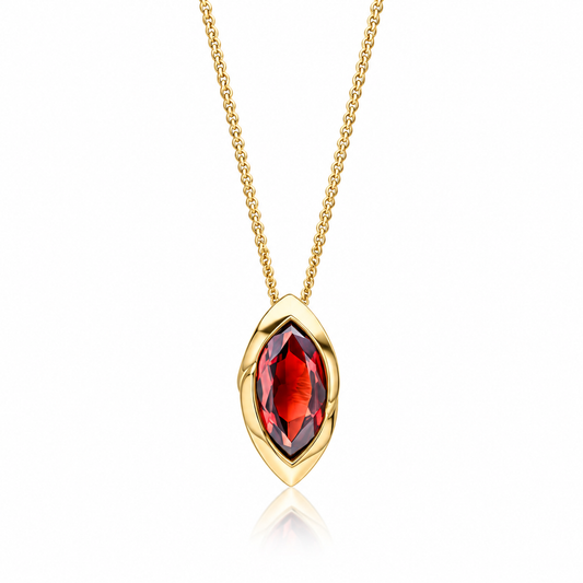 9ct yellow gold marquise garnet pendant with deep red gemstone