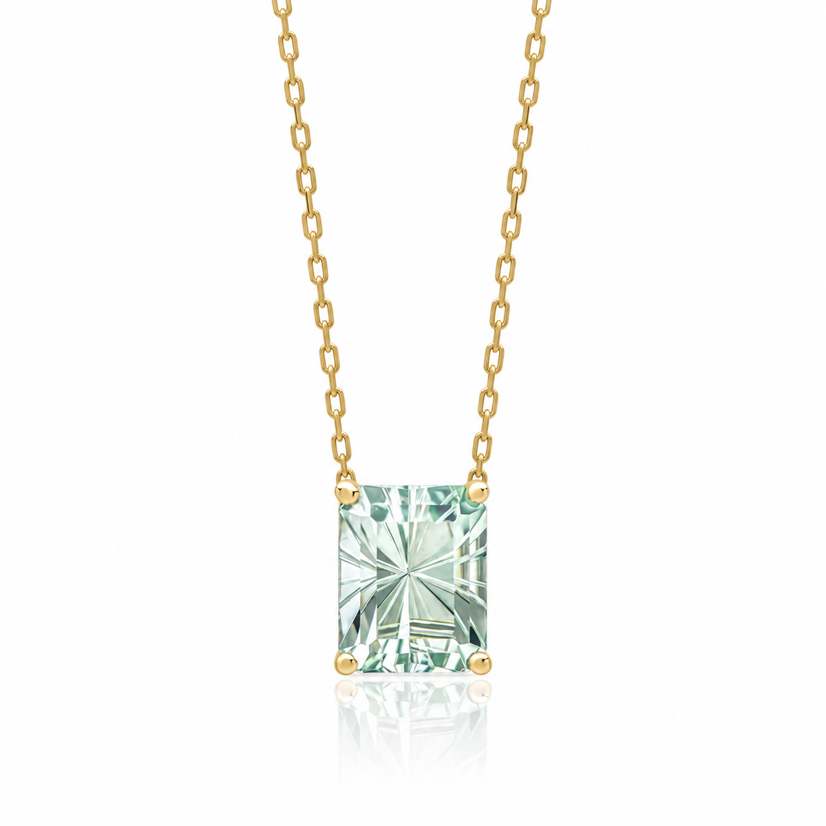 9ct yellow gold necklace with octagonal fancy cut pale green amethyst gemstone