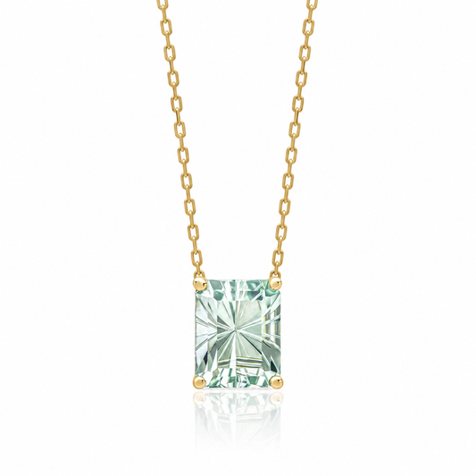 9ct yellow gold necklace with octagonal fancy cut pale green amethyst gemstone