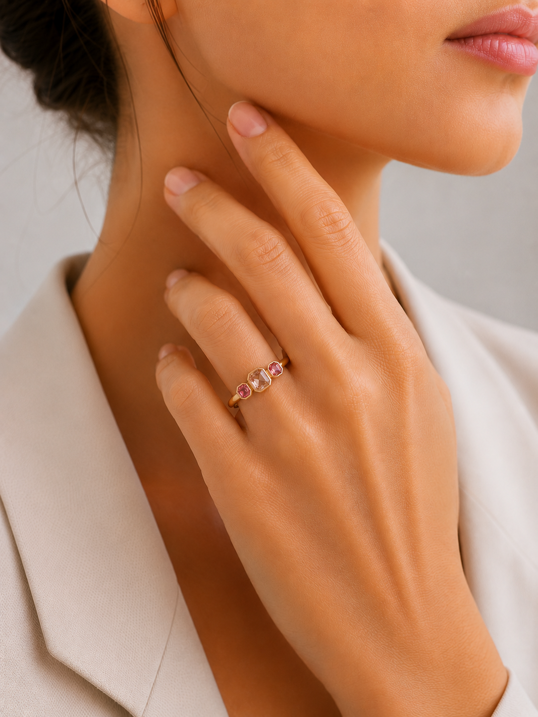 Morganite and pink tourmaline three stone gold ring