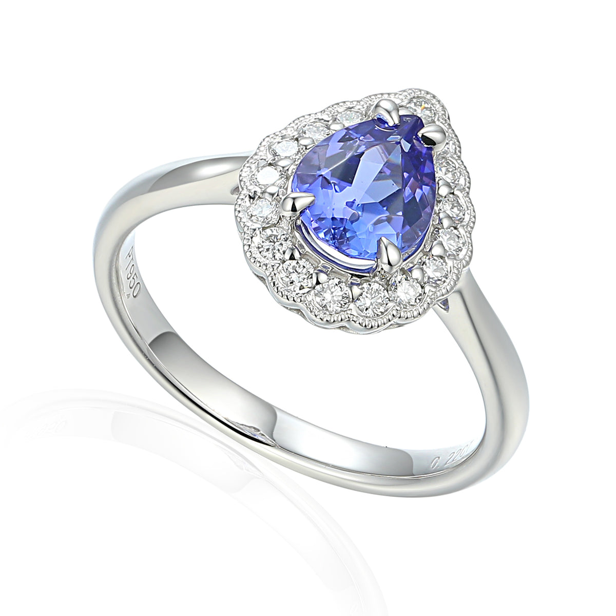 Platinum pear-shaped tanzanite and diamond ring with violet-blue gemstone