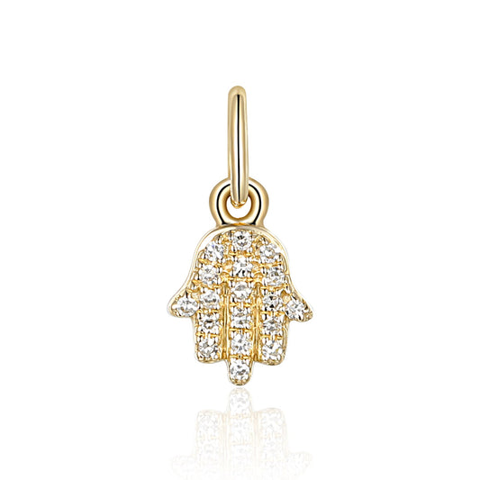 Gold Hamsa hand charm set with diamonds, a traditional symbol of protection and good fortune