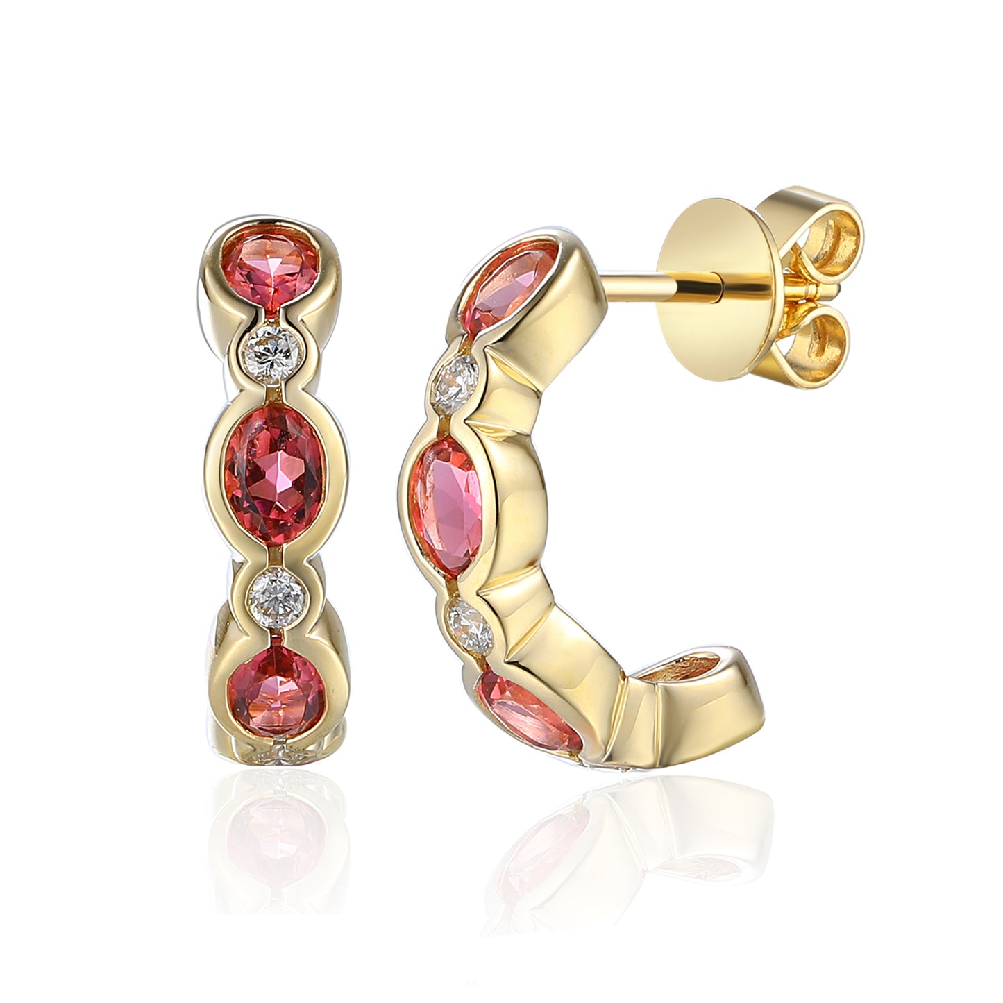 Oval pink tourmaline and diamond half hoop earrings in gold