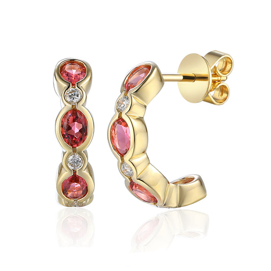 Oval pink tourmaline and diamond half hoop earrings in gold