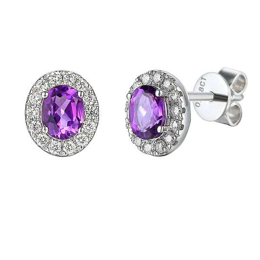 Oval 6X4mm Amethyst and Diamond Cluster Stud Earrings