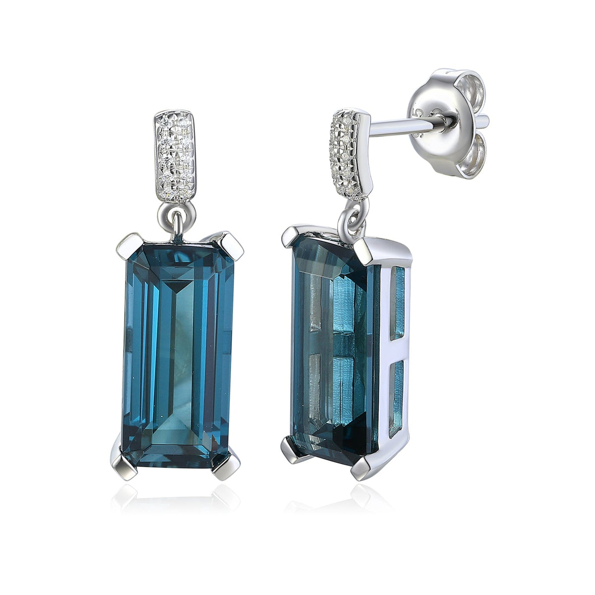 9ct white gold London Blue Topaz and diamond drop earrings with long octagonal gemstones