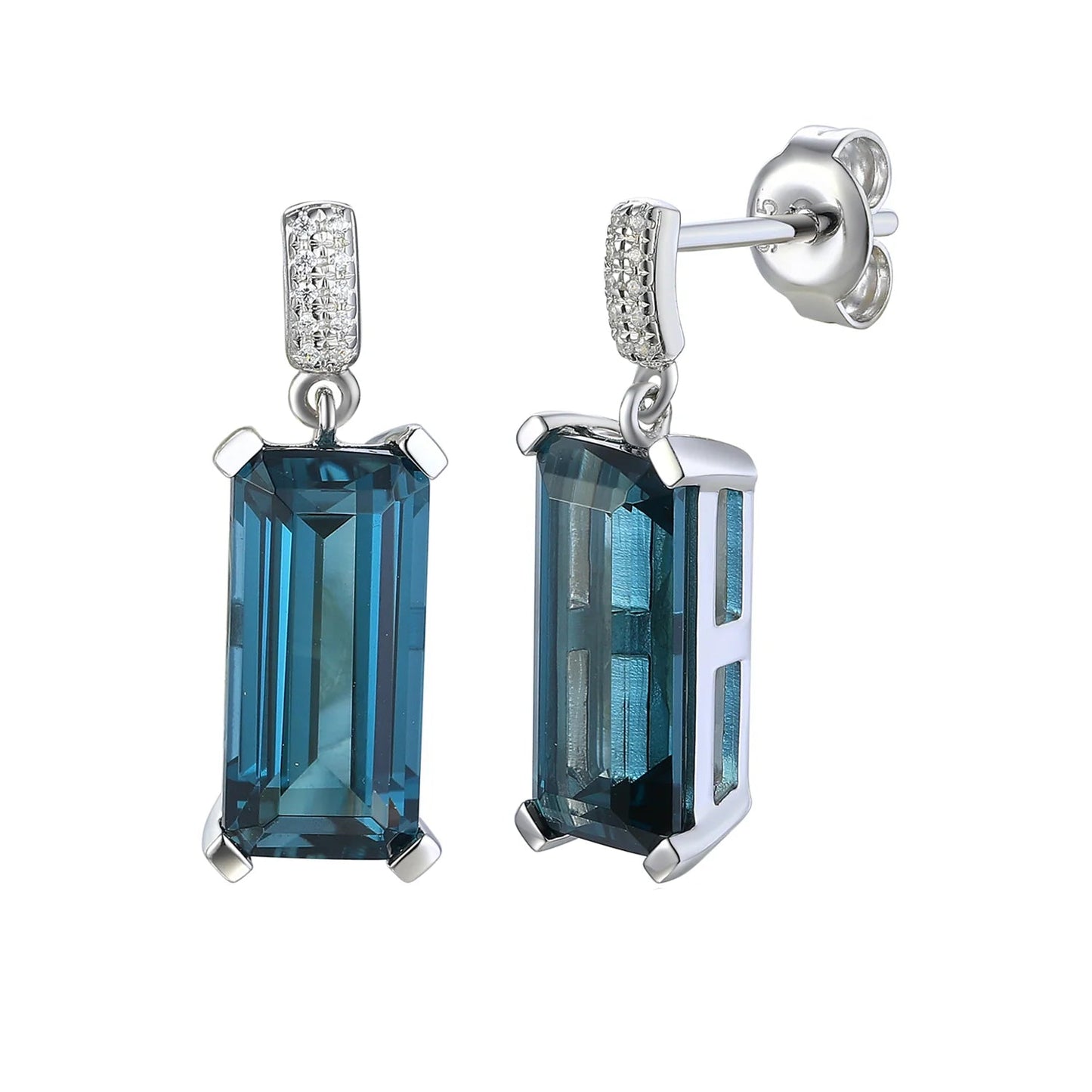 Long Octagon London Blue Topaz Earrings with Pave Diamond Drop
