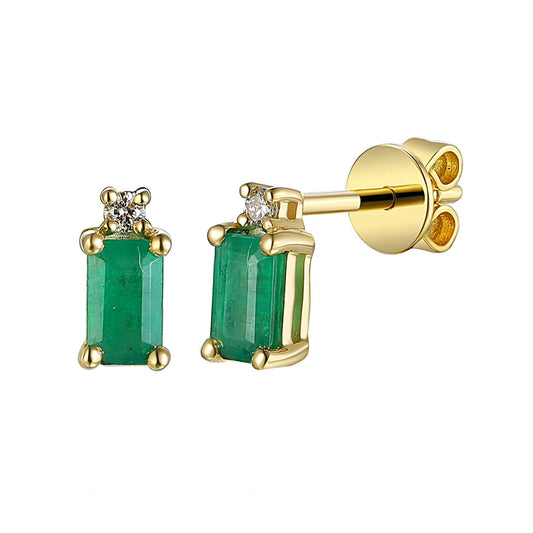 Octagon Emerald and Diamond Gold Stud Earrings