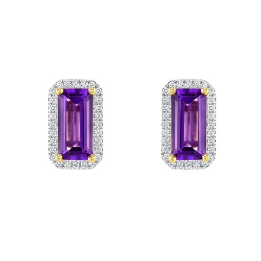Long Octagon Amethyst and Diamond Surround Stud Earrings
