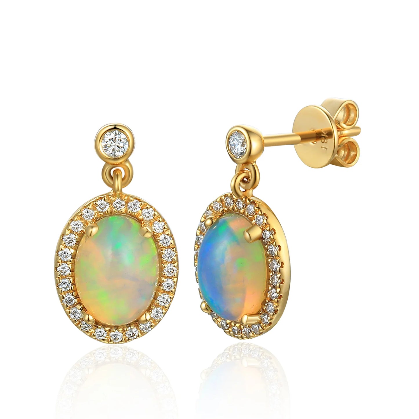 6 x 4 mm natural oval opal earrings with diamond surrounds and drops