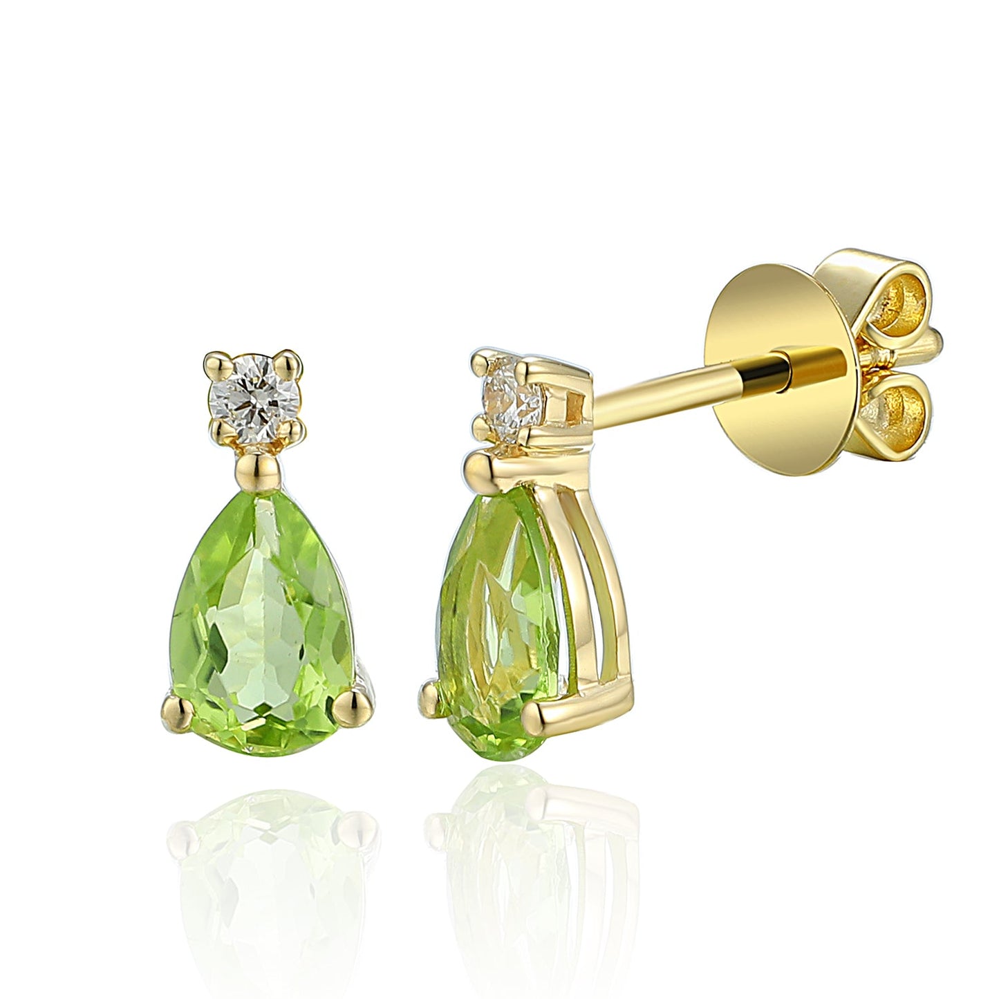 Yellow gold stud earrings featuring natural pear cut peridot gemstones with three round brilliant diamonds
