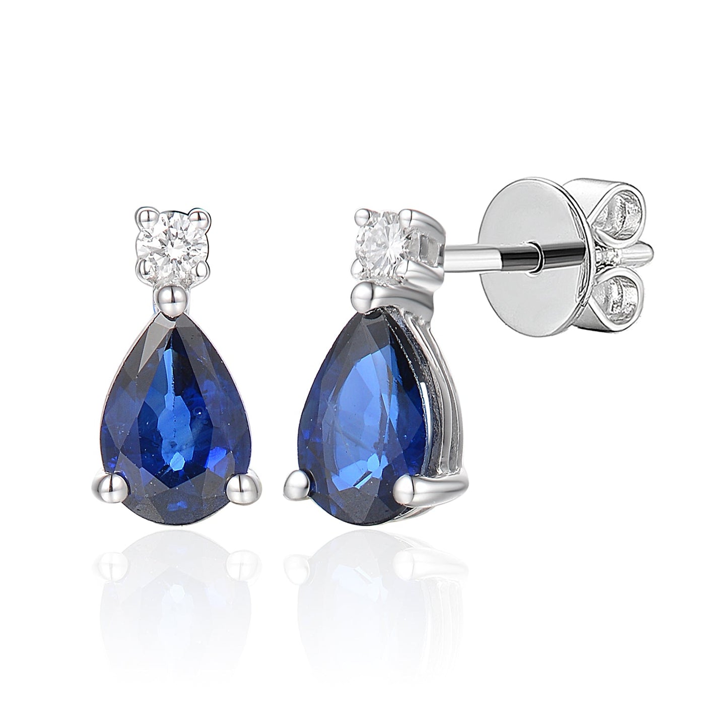 Ondine pear-cut blue sapphire and diamond drop earrings with three-claw settings in white gold.