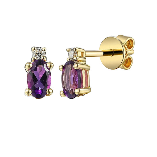 Oval Shape Amethyst and Diamond Gold Stud Earrings