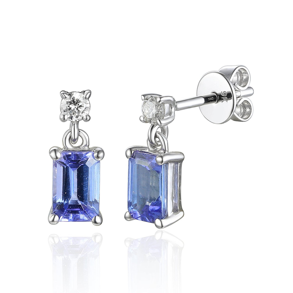 9ct white gold octagonal tanzanite and diamond drop earrings