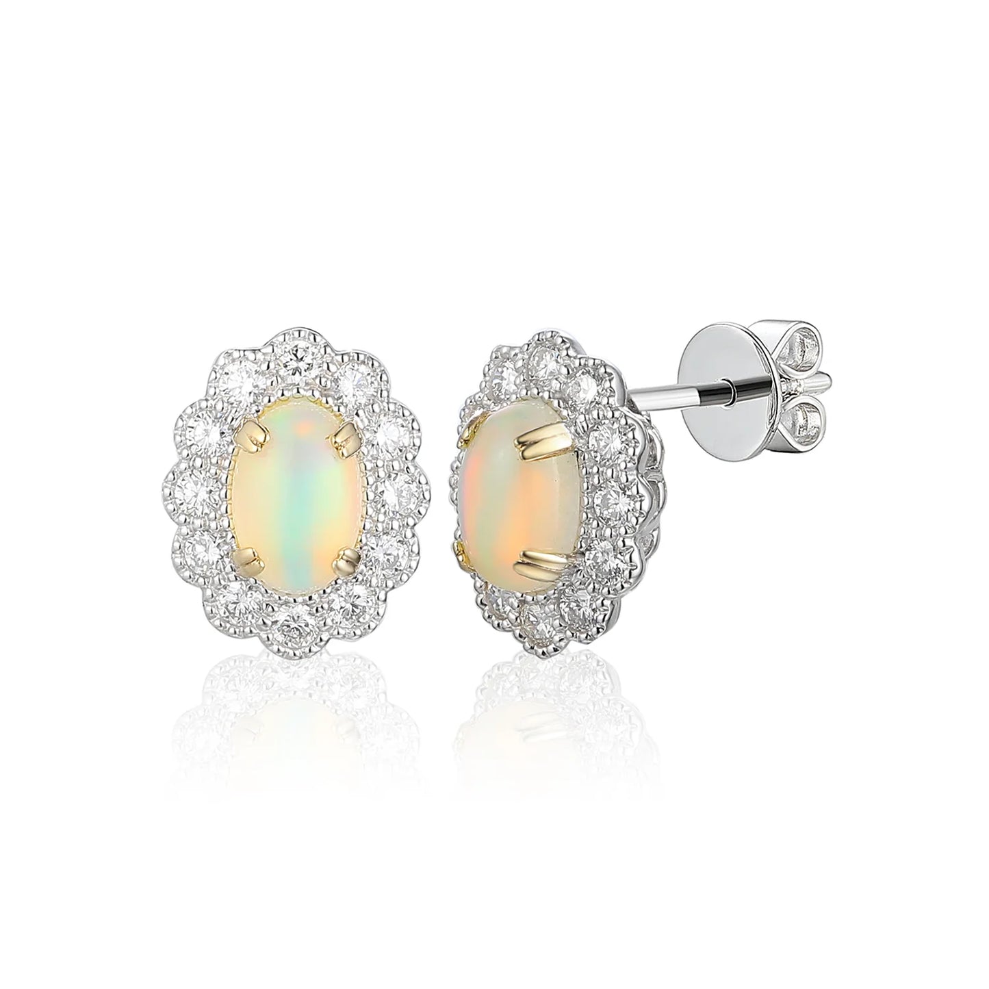Oval opal and diamond fancy cluster stud earrings in gold