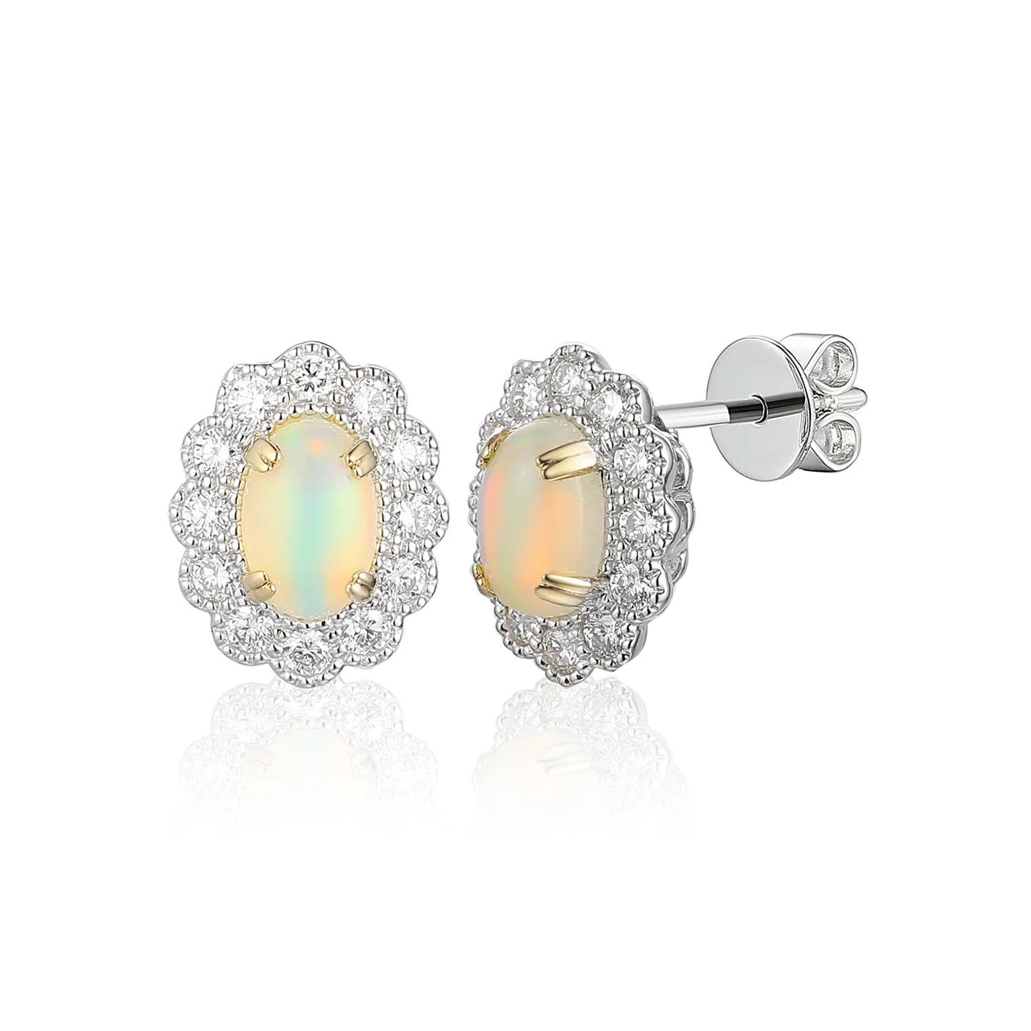 Oval opal and diamond fancy cluster stud earrings in gold