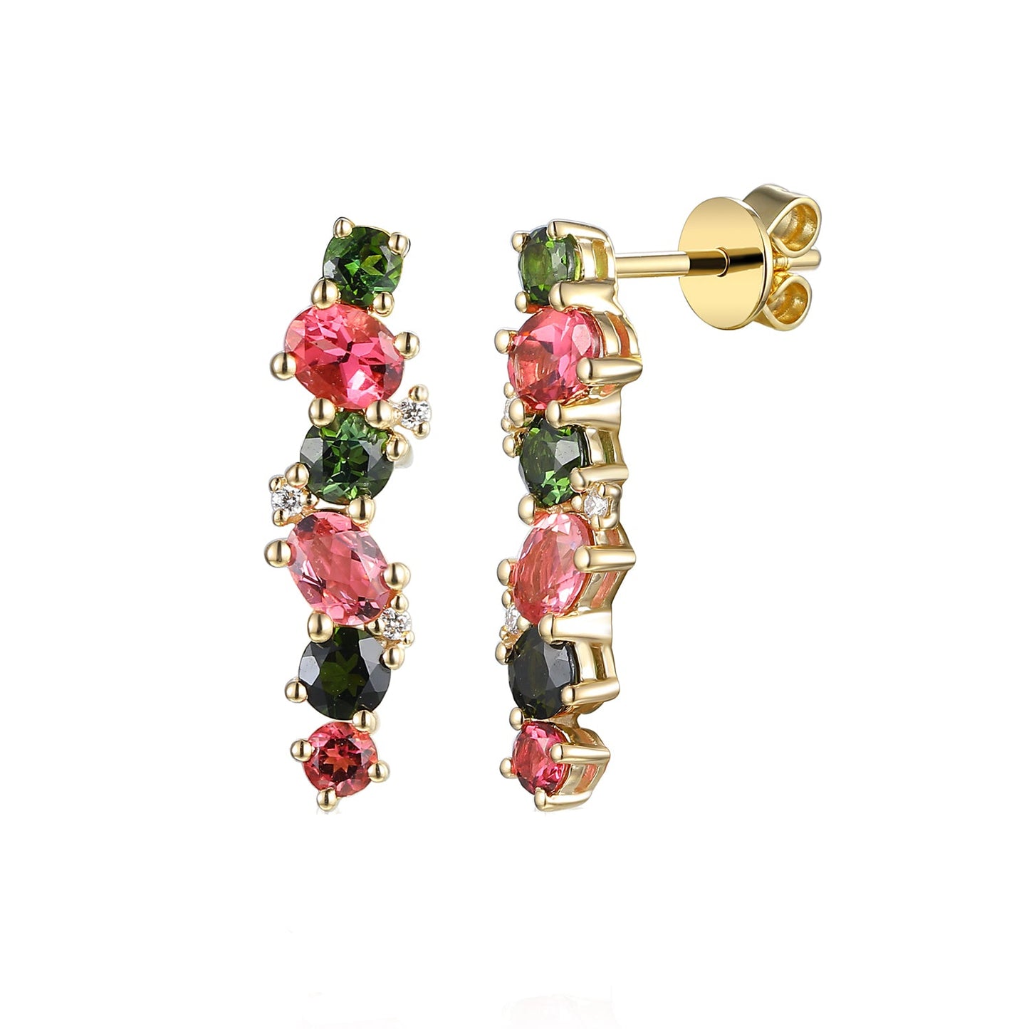 Pink and Green Tourmaline Earrings with Diamonds in Yellow Gold