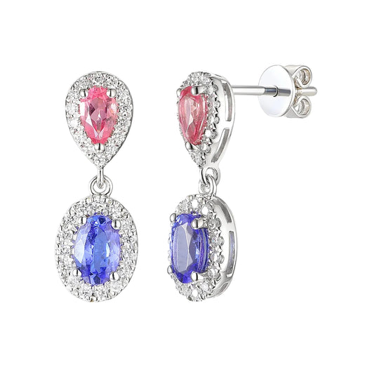 Pink Tourmaline & Tanzanite Drop Gemstone & Diamond Earrings