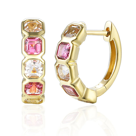 Morganite and pink tourmaline octagon gemstone hoop earrings in gold