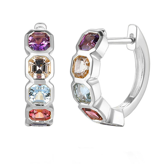 Step Cut Octagon Multi Gemstone Huggy Hoop Earring