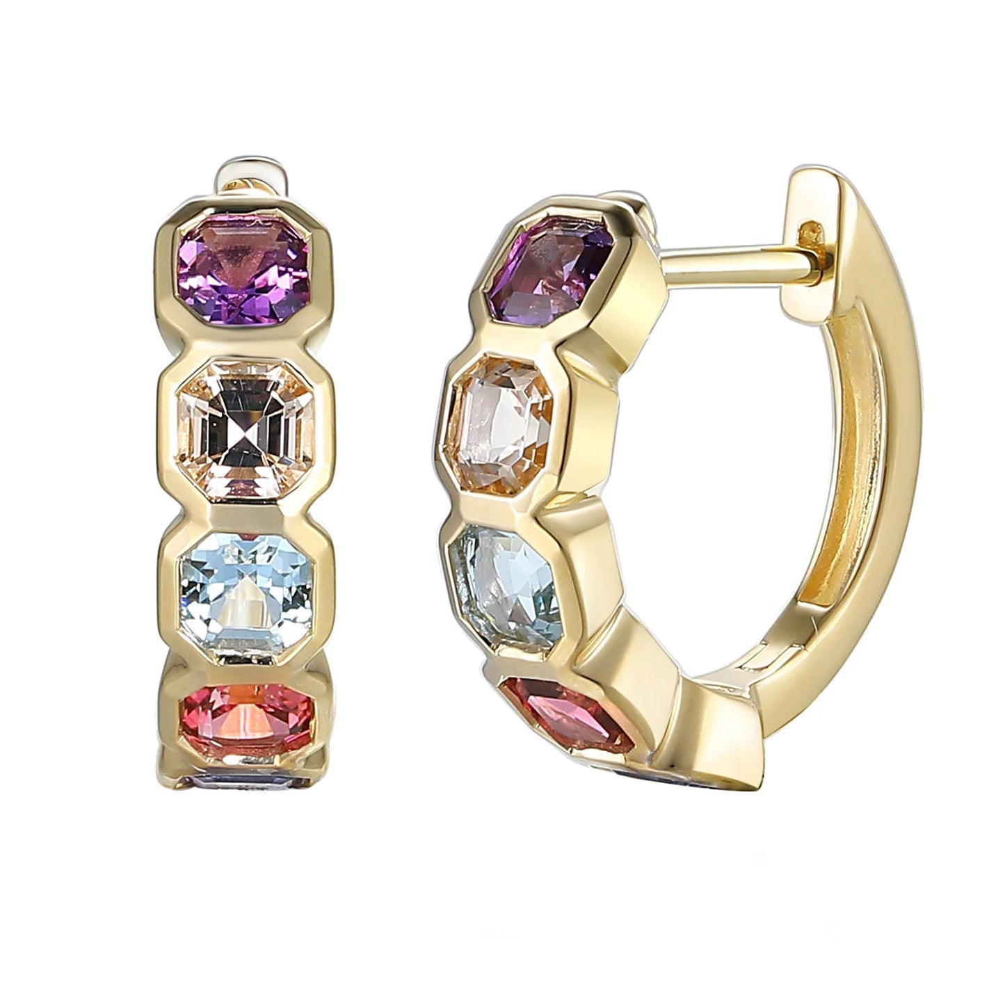 Step Cut Octagon Multi Gemstone Huggy Hoop Earring