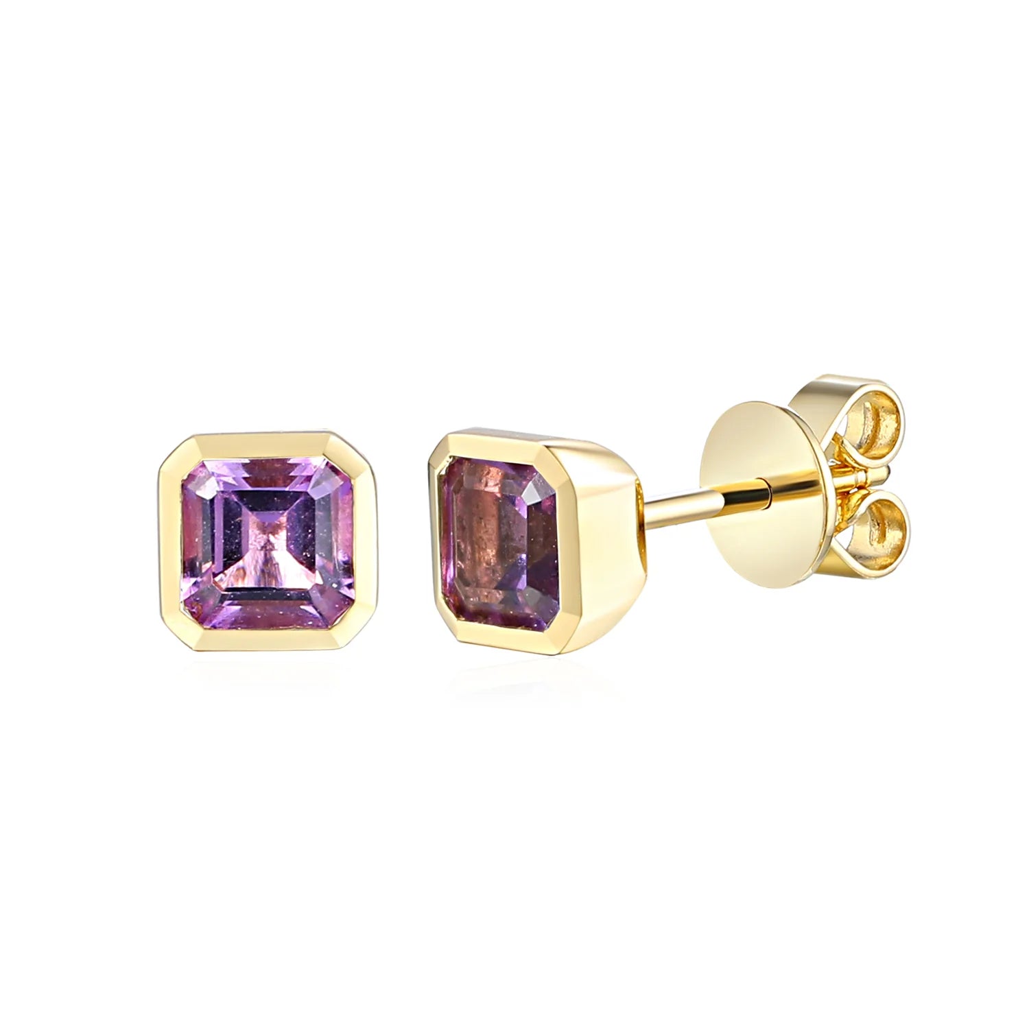 9ct yellow gold octagon-cut amethyst stud earrings with contemporary rubover settings