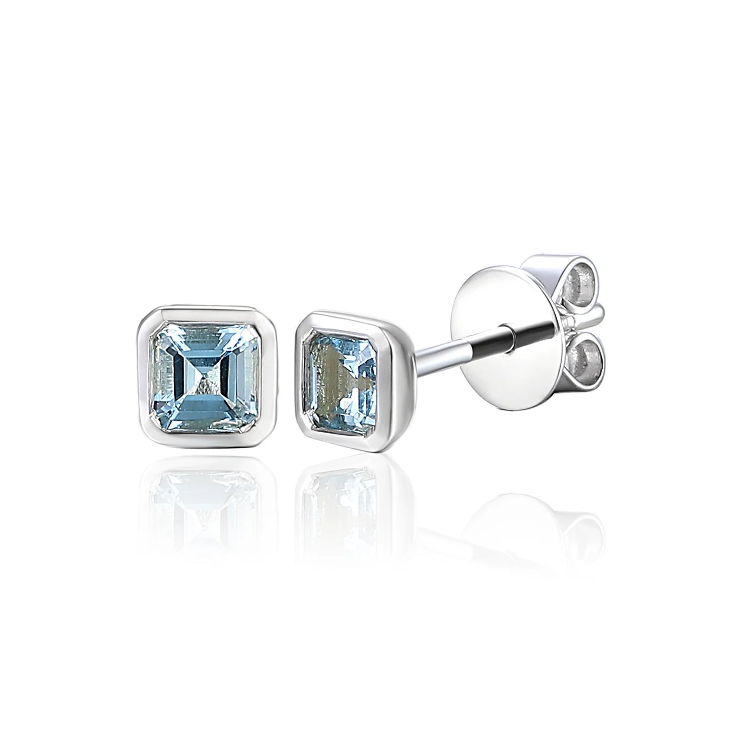 9ct yellow gold octagon-cut aquamarine stud earrings with contemporary rubover settings