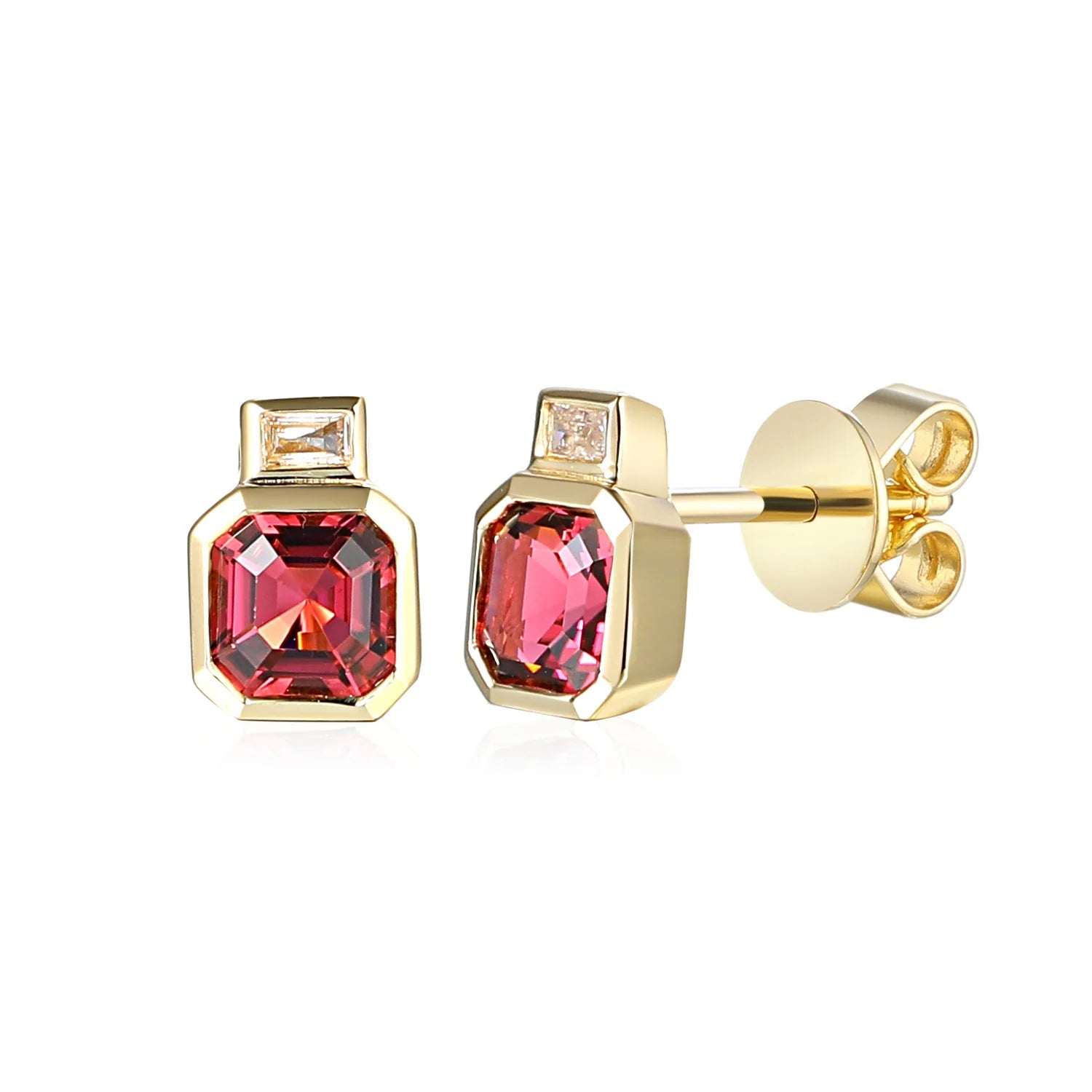 Pink tourmaline octagon drop earrings with emerald-cut diamonds in gold
