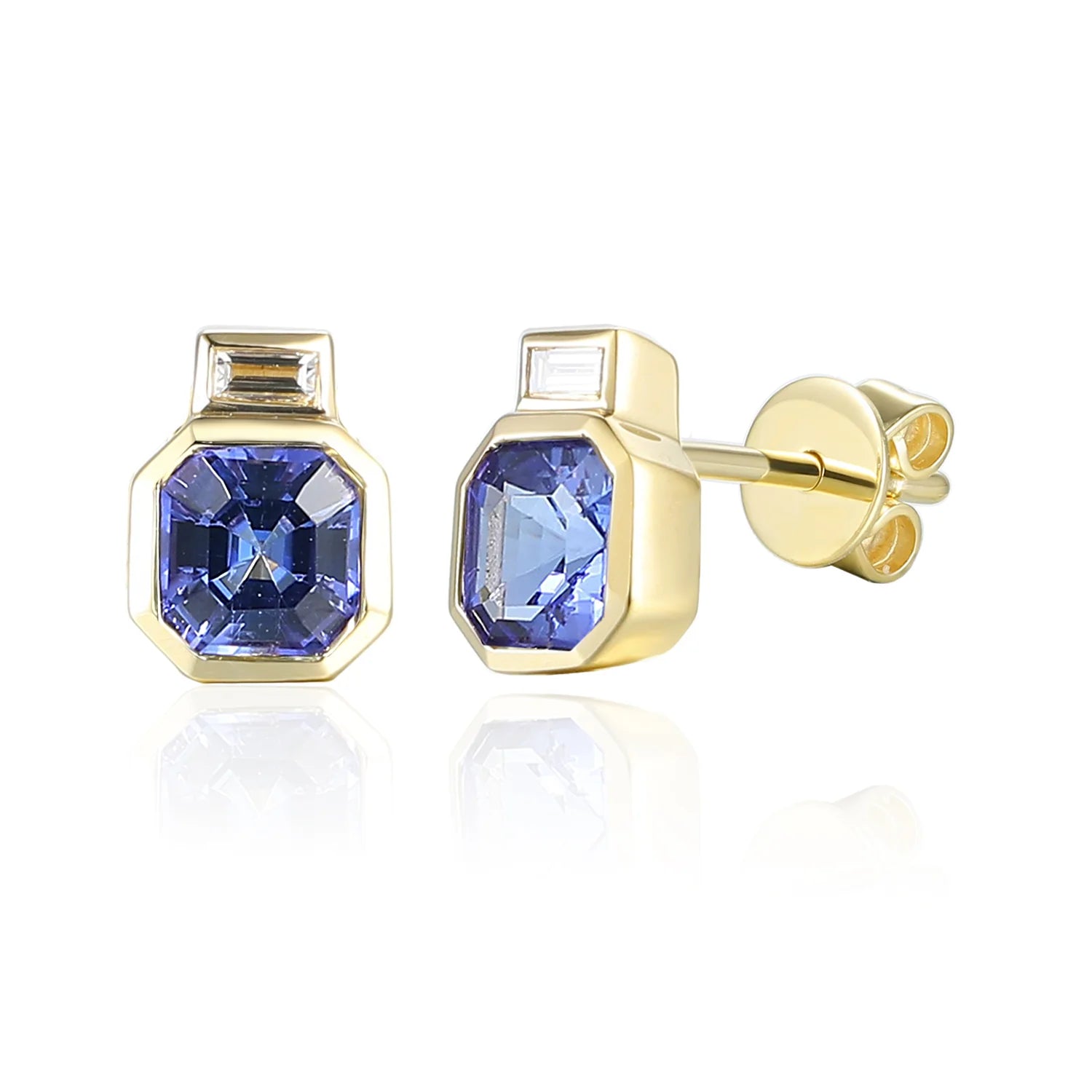 9ct yellow gold tanzanite and emerald-cut diamond drop earrings with rubover settings