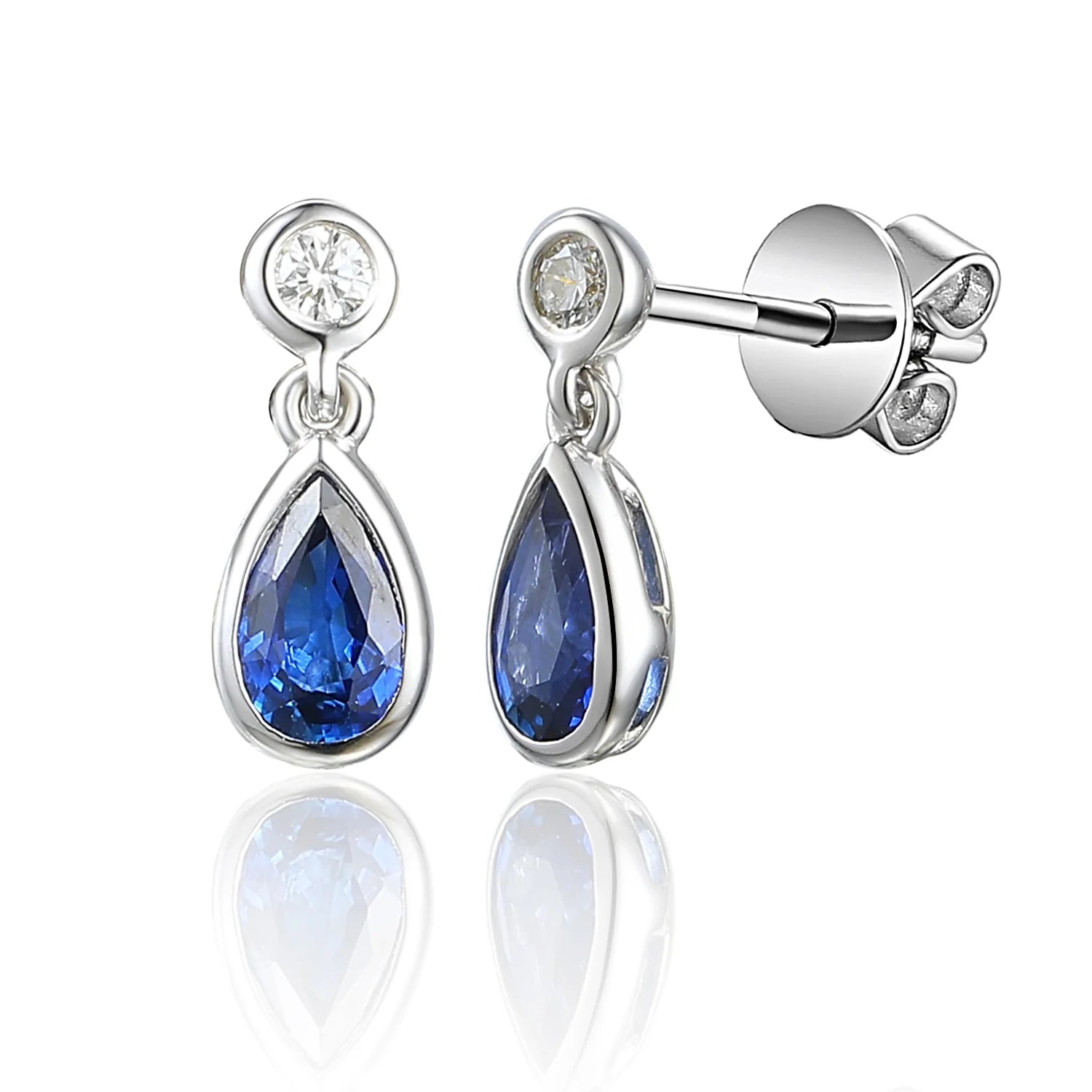 Nerissa 18ct white gold pear-cut blue sapphire and diamond drop earrings with rubover settings and butterfly backs.