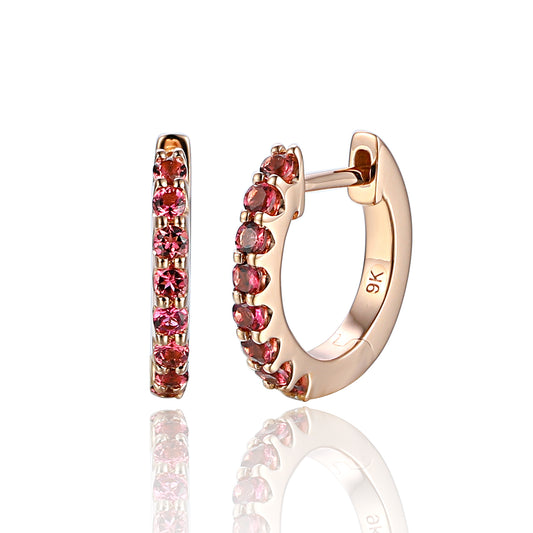 Rose Gold Pink Tourmaline & Diamond Halo Hoop Earrings